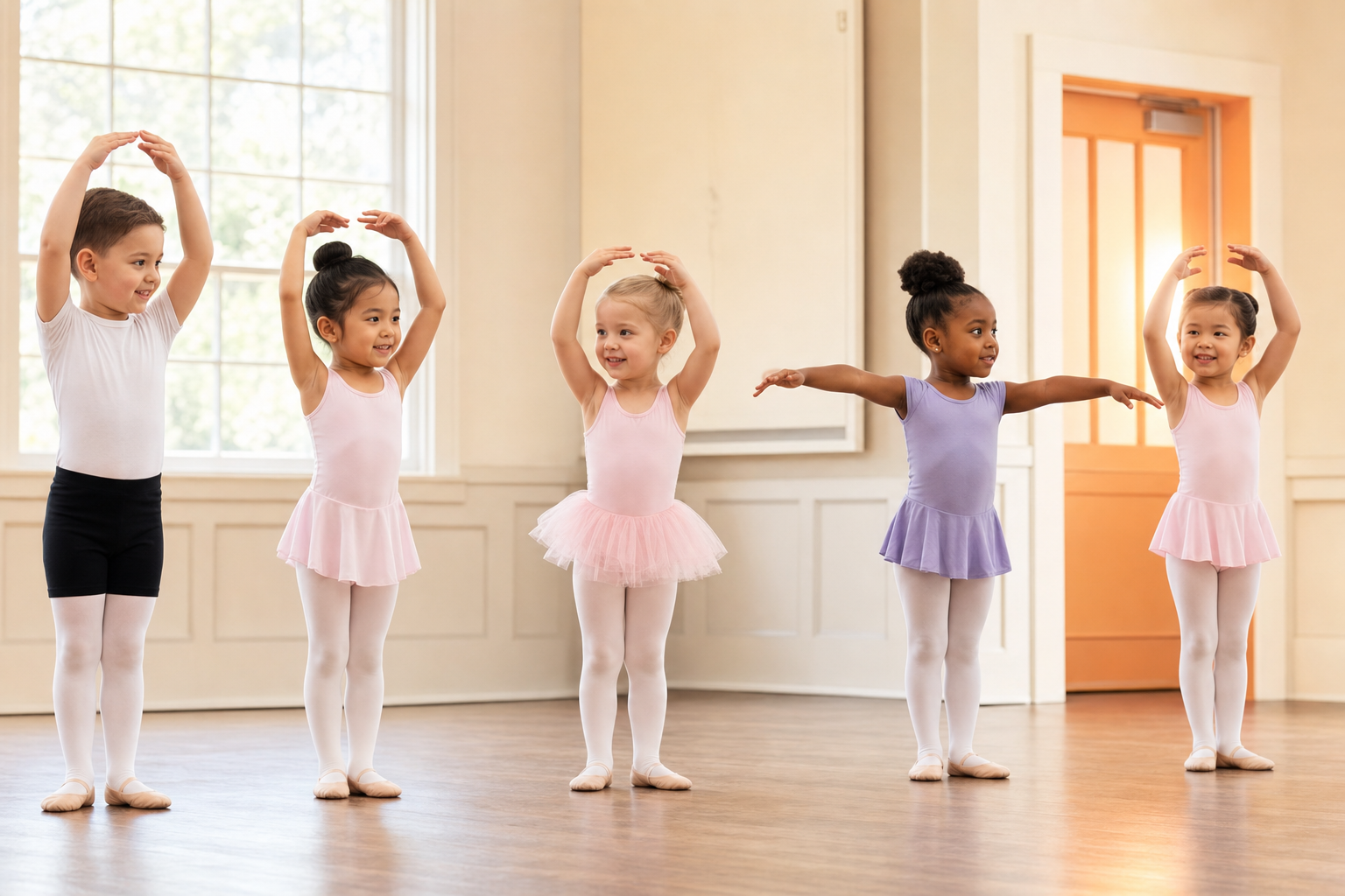 Young boys and girls learning ballet together