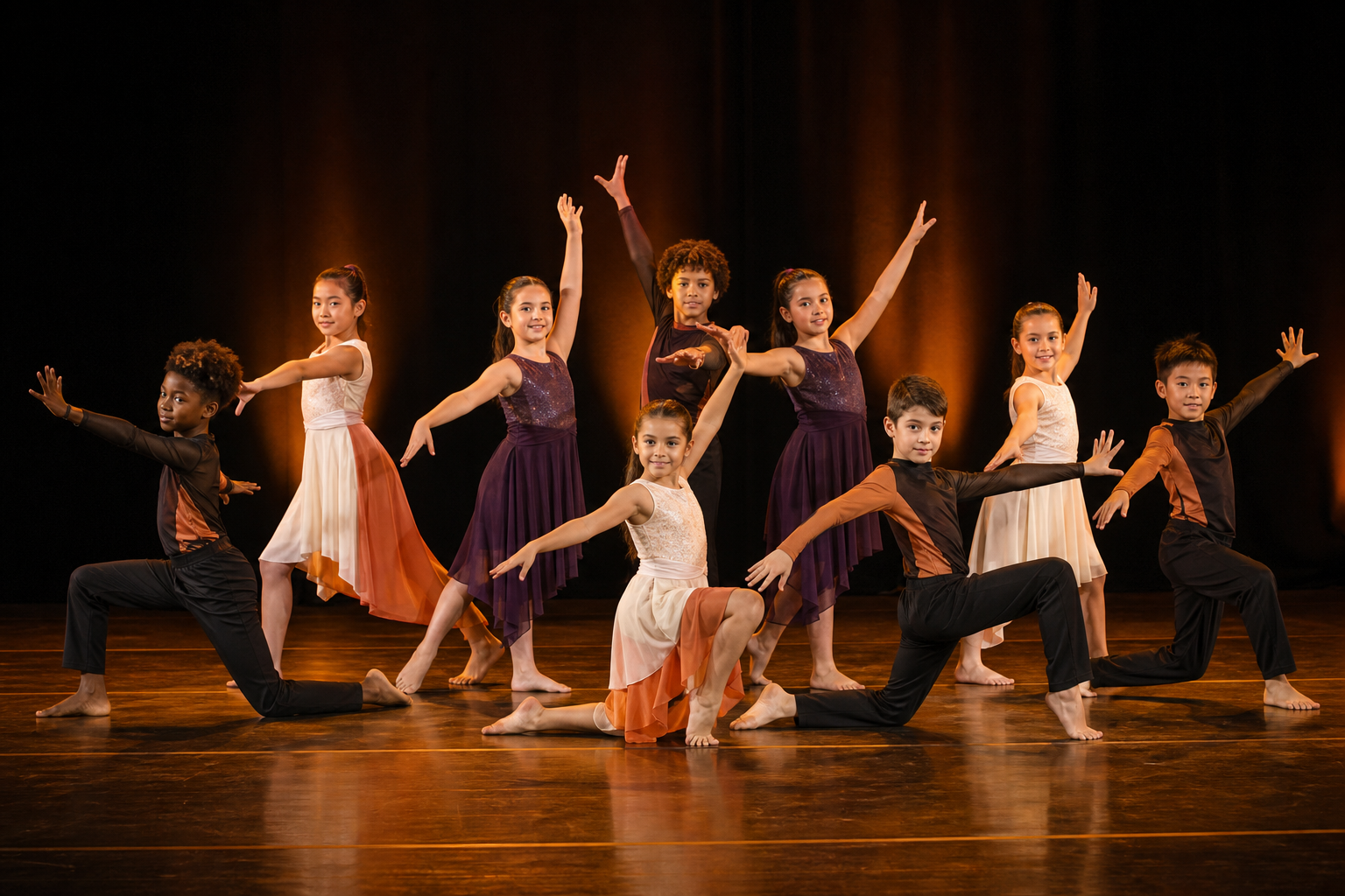 Children performing contemporary dance on stage